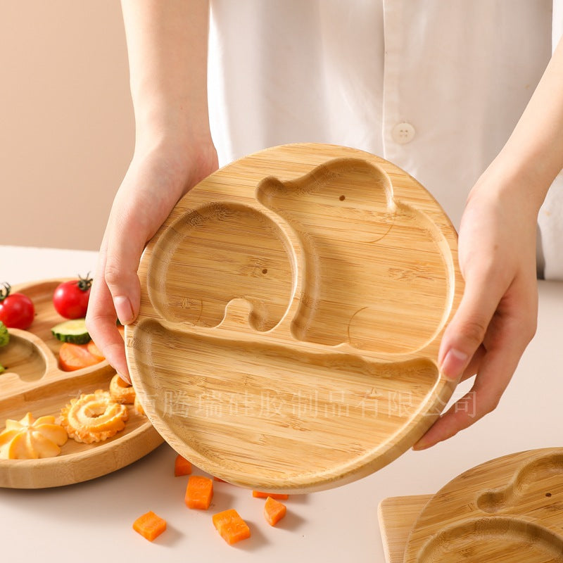 Children's Suction Bamboo Divided Plate with Spoon & Fork